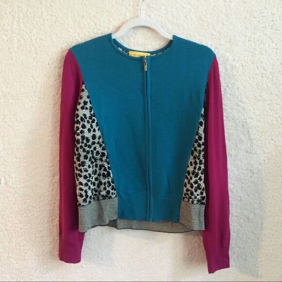St. John Colorblock Leopard Zip Up Wool Blend Sweater Medium Long Sleeve Gray - Picture 2 of 7